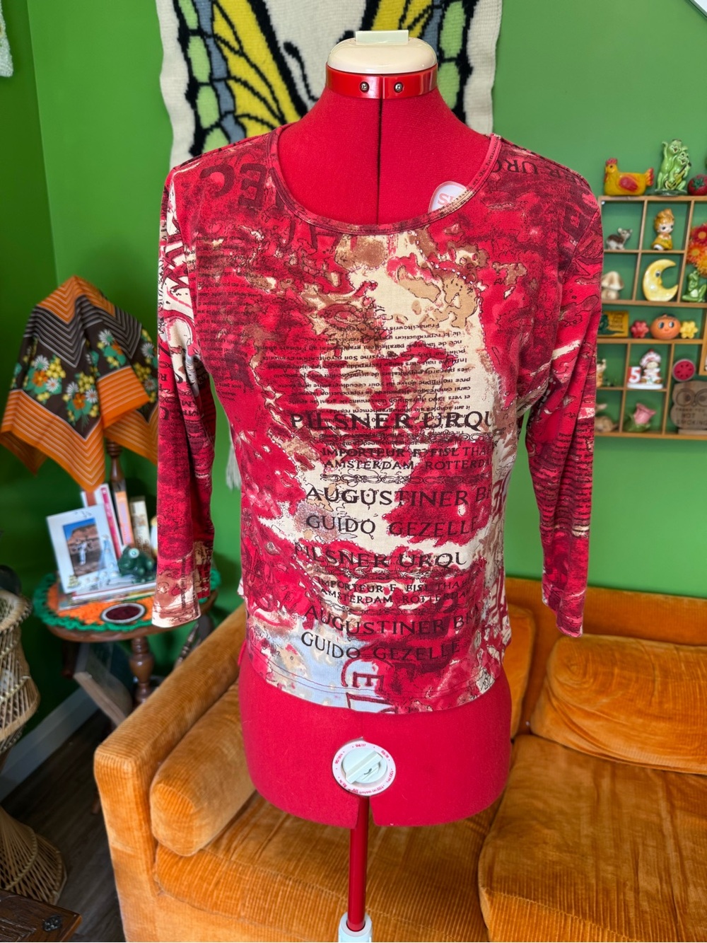 Women's Red Printed Long-Sleeve Top - Brand: